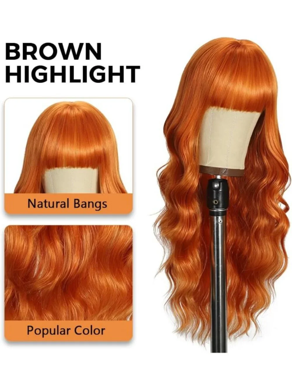 Vibrant Orange Curly Wig with Bangs | Long Wavy Synthetic Hair for Parties 26